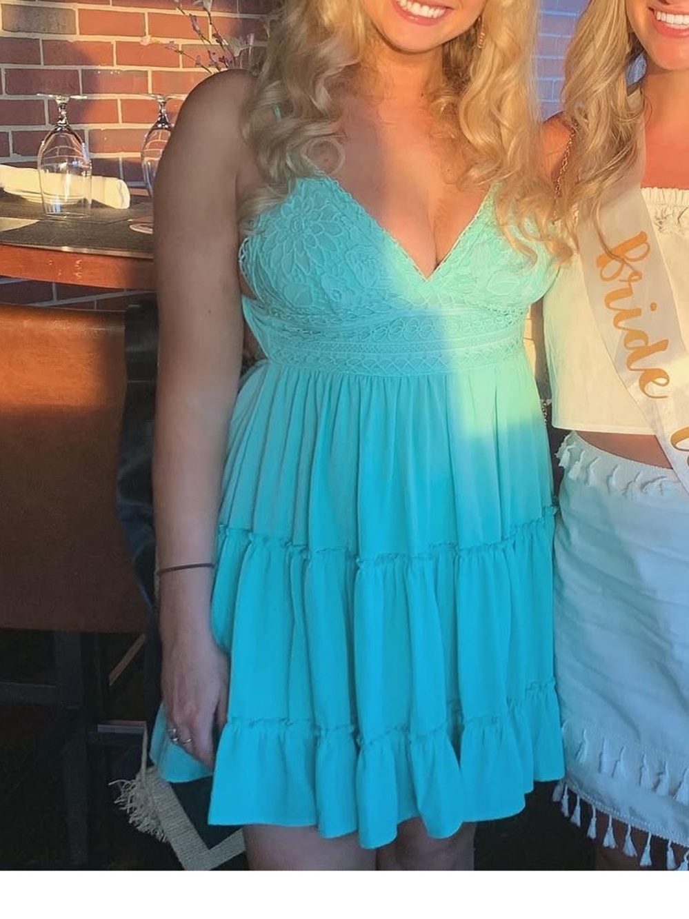 Pink Lily Mint Lace-Trim Tiered Mini Dress